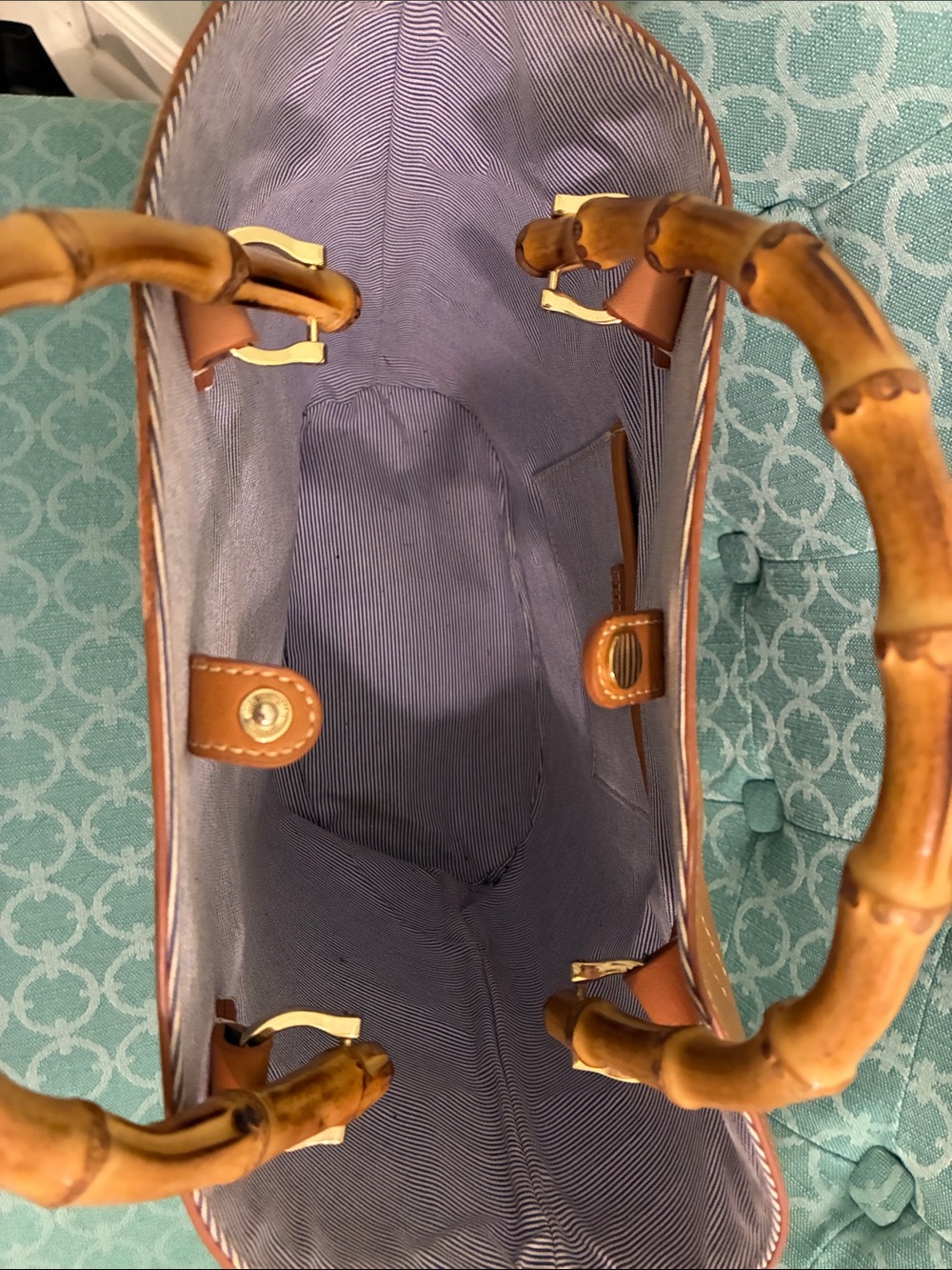 J McLaughlin Tan Woven Tote with Bamboo Handles - Designer Style - Picture 3 of 11